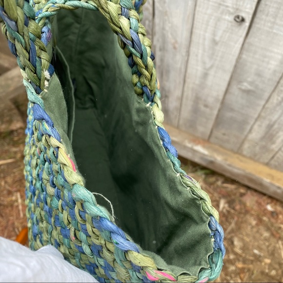 Vintage Wicker Woven Green Blue Beach Bag Purse - Picture 4 of 4